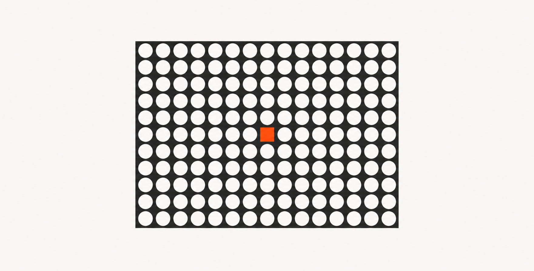 Graphic grid of white dots with a small orange square