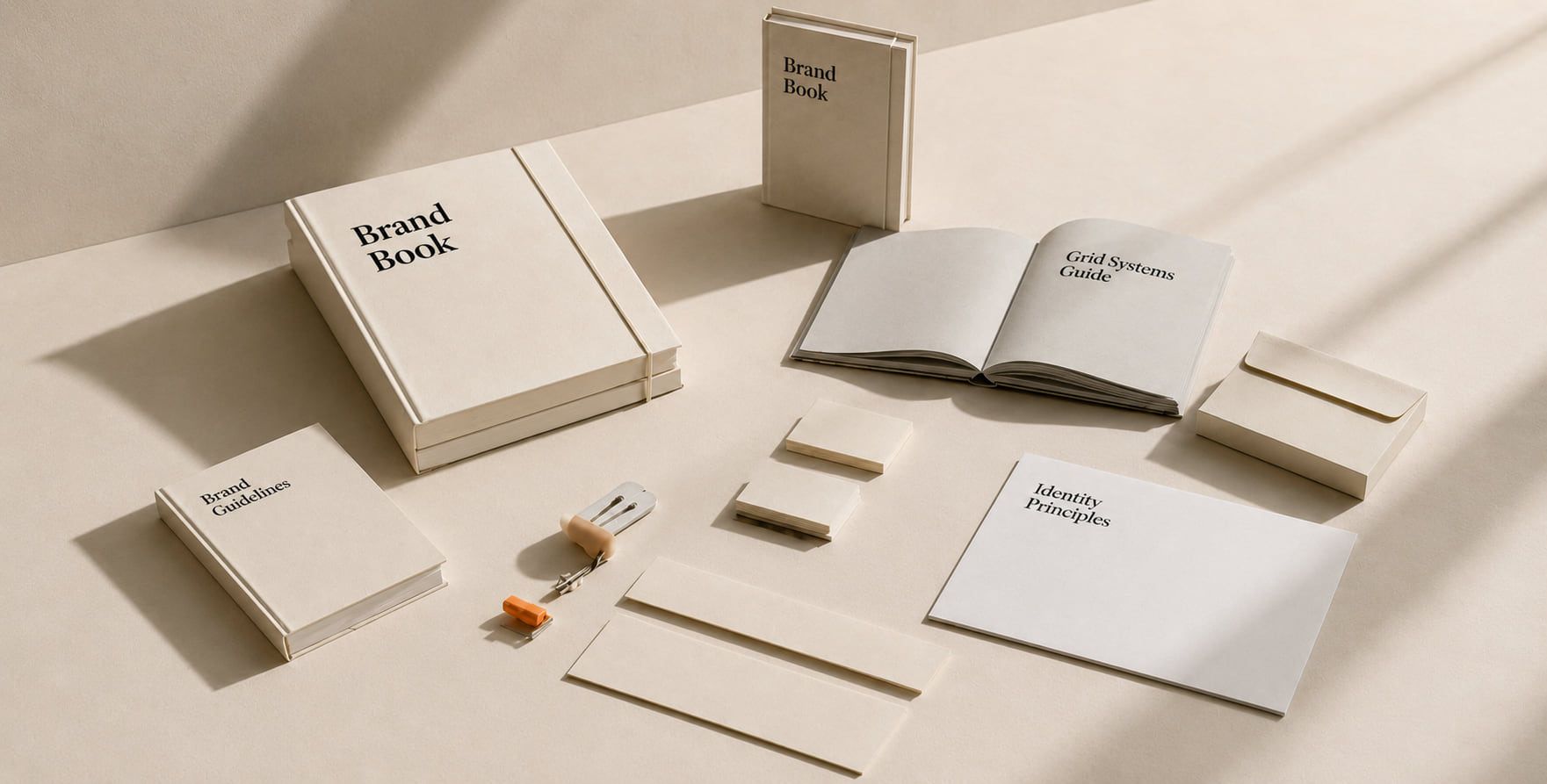 Neutral real estate brand identity materials on a table