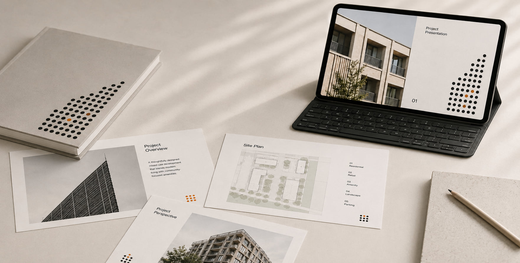 Laptop and printed architectural sales presentation materials